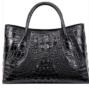 Elegant Black Leather Crocodile Pattern Satchel Tote Handbag Purse
